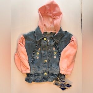 Vintage Toddler Denim Jacket with Pink Hood & Floral Embroidery NWT